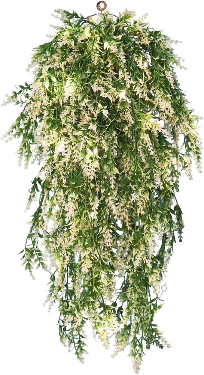 RECUTMS Artificial Ferns Hanging Baskets Lights Outside Lavender Real Plant in Basket Synthetic Plants 4pcs (White)