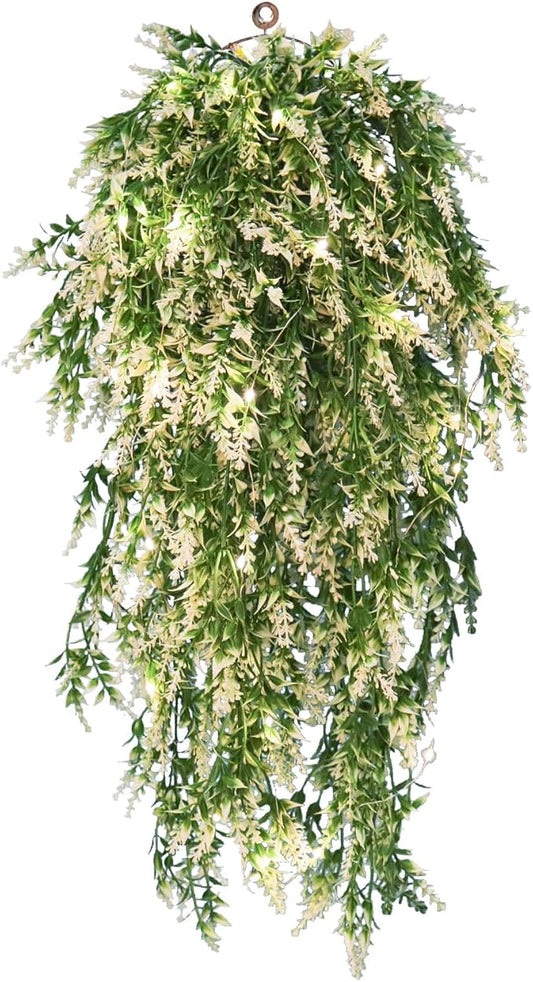 RECUTMS Artificial Ferns Hanging Baskets Lights Outside Lavender Real Plant in Basket Synthetic Plants 4pcs (White)