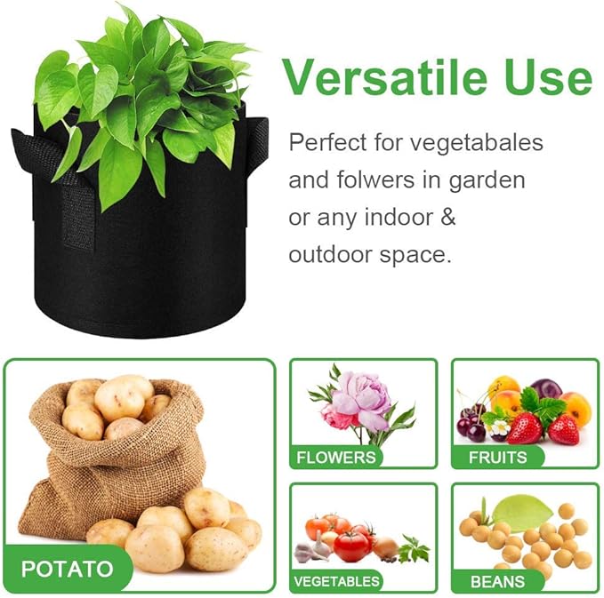 5 Pack 5 Gallon Grow Bags, Heavy Duty Thickened Nonwoven Fabric Pots with Handles, Planter Grow Bags for Vegetables/Flower/Plant/Fruits, Black