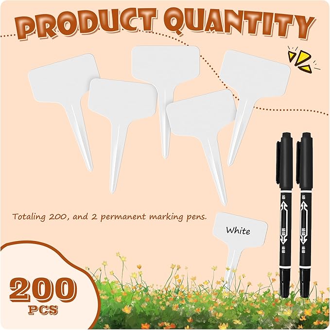 200Pcs Plant Labels Waterproof Plastic Garden Labels T-Type Flower Name Tags Seedling Marker Nursery Plant Tags with Permanent Marking Pen for Flowers Agriculture Horticulture (White)