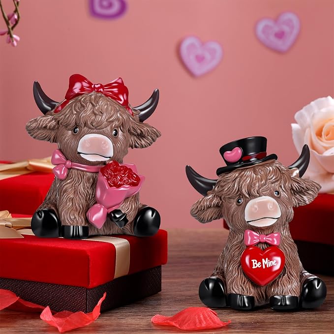 Karenhi 2 Pcs Valentine's Day Highland Cow Figurines Love Heart Rose Highland Cow Gnomes Scottish Resin Statue Calf Lovers Romantic Gifts for Valentines Home Kitchen Office Tiered Tray Table Decor