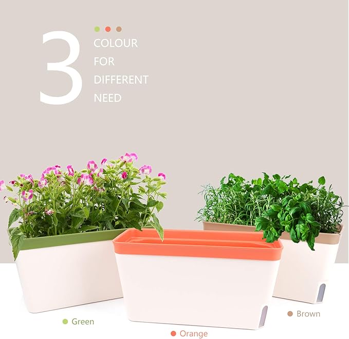 OurWarm Windowsill Herb Planter Box, Set of 3 Self Watering Plant Pots, 10.5 Inch Rectangular Planter Pot, Decorative Garden Flower Pots for Indoor Plants, Herbs, Vegetables, Flowers (3 Colors)
