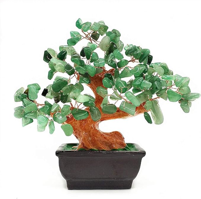 Feng Shui Quartz Crystal Money Tree Bonsai Style Decoration for Luck and Wealth (Green)