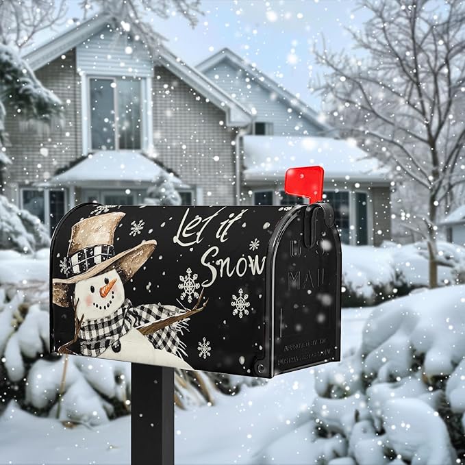 Winter Snowman Mailbox Cover Magnetic Standard Size 21 x 18 Christmas Holiday Snowflakes Post Letter Box Wraps Decor for Outside Black and White Garden Yard Outdoor Decorations