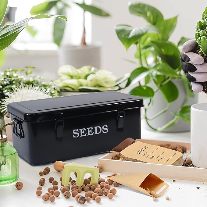 Seed Saving Box, Metal Seed Bin, Seed Storage Organizer, Seed Packet Container with Lid, Seed Envelope Storage Box, 4 Compartments Garden Seed Bin with Safety Locks-Black