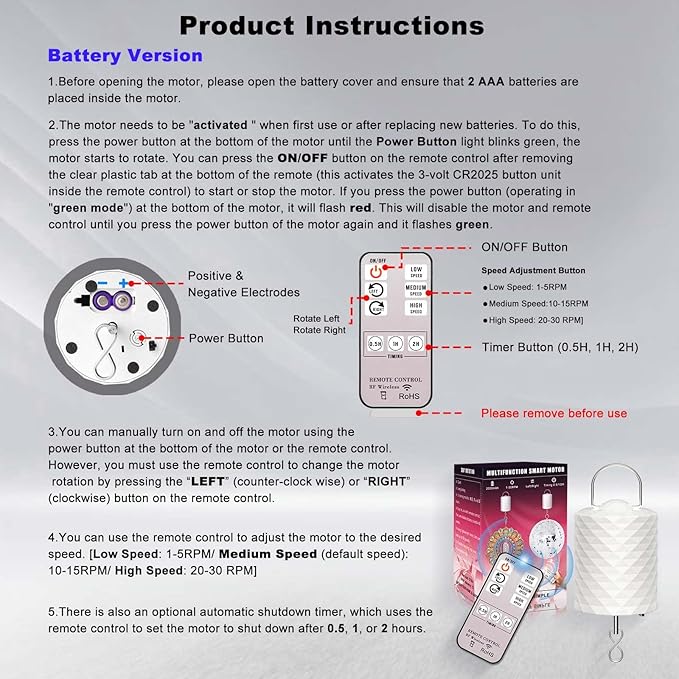 Disco Ball Motor with Remote Control，Adjustable 3 Rotating Speeds and 2 Way Direction Electric Slow Wind Spinner for Wind Chimes, Baby Crib Mobiles, Mirrors, and Hanging Ornaments