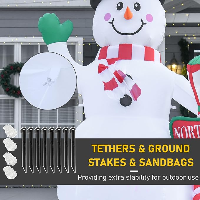 HOMCOM 8ft Christmas Inflatables Outdoor Decorations Snowman with North Pole Sign, Blow-Up Yard Christmas Decor with LED Rotating Colorful Lights Display