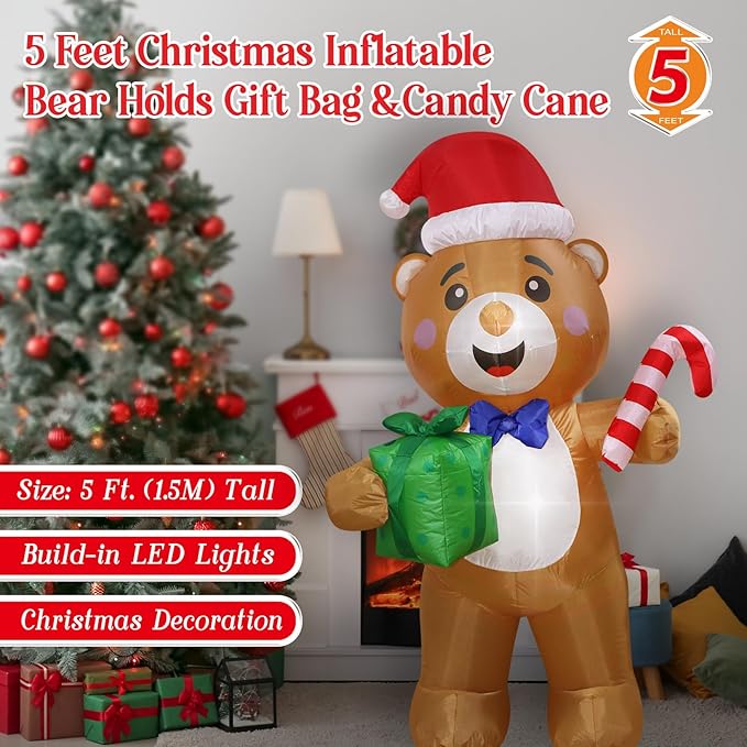 Christmas Inflatables Bear Gift Box Candy Cane Lighted Yard Lawn Inflatable Decoration with Built-in Fan and Stakes Ropes Holiday Party Decor, Christmas Decor (5FT-Bear Holds Giftbox & Candy Cane)