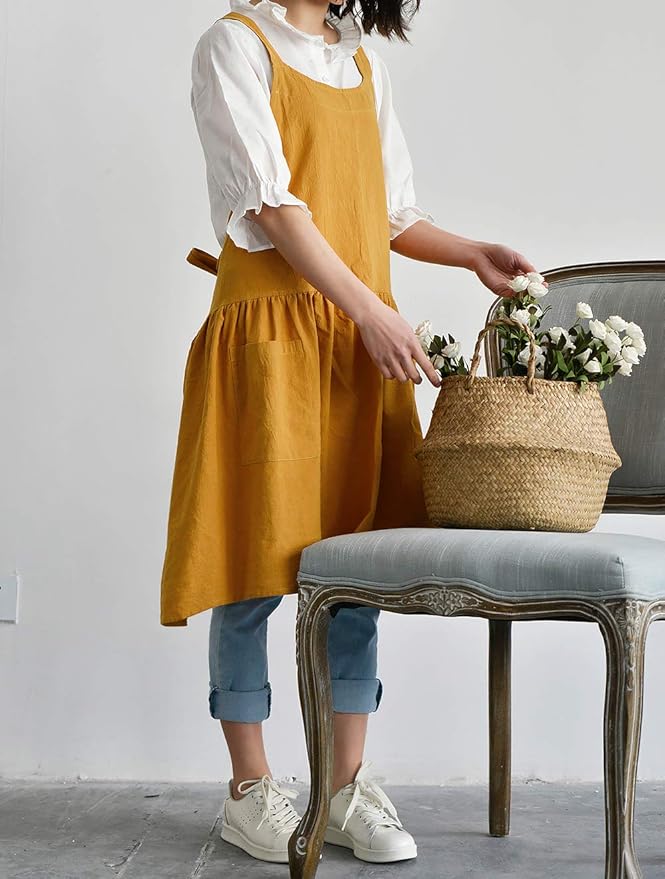 NEWGEM Cotton Linen Cross Back Apron for Women with Pockets for Painting Gardening Yellow with Waist Ties