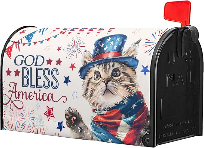 4th of July Cat Mailbox Cover Magnetic Standard Size God Bess America Flag Stars Patriotic Firework Mailbox Wrap Letter Post Cover 21x18 Inch for Garden Yard Outside Outdoor Decor