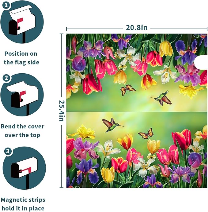 Easter Floral Mailbox Cover Magnetic, Tulip Lily Flowers Mailbox Wrap, 25.5"x21" Spring Summer Large Size Waterproof Letter Post Cover for Yard Garden Outdoor Outside Decoration