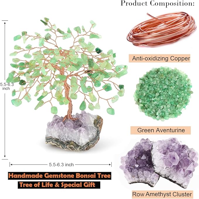 Gemstone Crystal Tree of Life,Natural Green Aventurine with Amethyst Cluster Base,Feng Shui Decor Bonsai Money Tree,Home Decor for Luck and Wealth 5.5"-6.3"