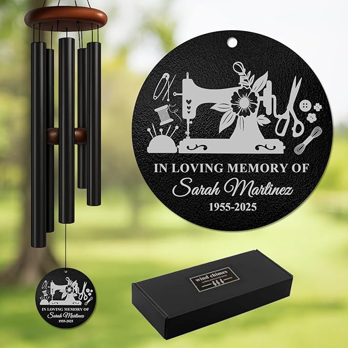 Personalized Sewing Memorial Wind Chime – “in Loving Memory of” Golden Engraved Sewing Machine Design – Custom Name & Years Sympathy Gift for Loss of Loved One – Memorial Windchimes for Craft Lovers