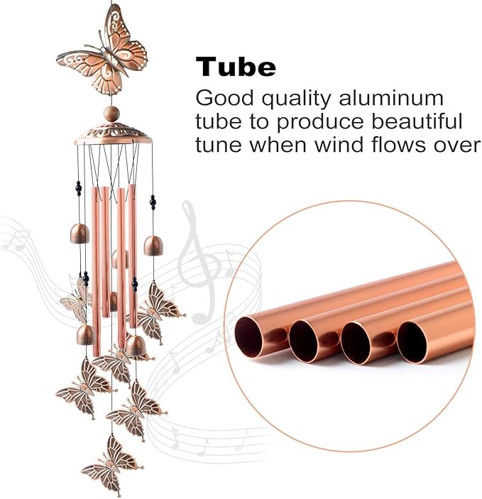 Butterfly Wind Chimes for Outside,34 inch Length Memorial Butterfly Wind Chime with 4 Large Aluminum Tubes & S Hook,Indoor Outdoor Decor Hanging Wind Catcher Bell for Home,Garden,Patio,Backyard,Porch