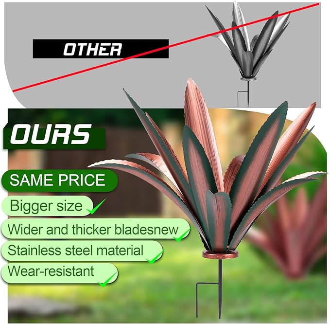 Large Tequila Rustic Sculpture, Rustic Metal Agave Plants for Outdoor Patio Yard Mexican Plant Garden， Agave Outdoor Lawn Ornaments Yard Stakes (Green 2pc)