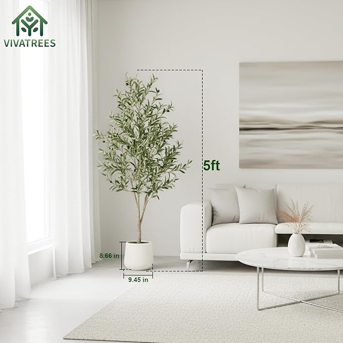 Olive Trees Artificial Indoor, 5 ft Faux Olive Tree with White Planter, Artificial Plants with Natural Wood Trunk and Lifelike Fruits for Home Office Decor