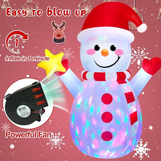 5FT Snowman Inflatable Outdoor Christmas Inflatables Blow Up Yard Decorations, Built-in Colorful Rotating LEDs Funny Merry Xmas Snow Man Decor with Star & Smile for Holiday Garden Patio Lawn Party