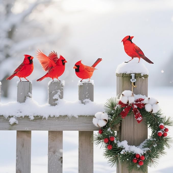 HUYIENO 5PCS Vivid Metal Birds Fence Decor Color Painted Outdoor Garden Natural Bird 2D Sculptures for Outdoor Fences, Patio, Garden and Bird Lovers (Cardinal)