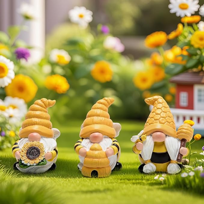 Hodao 3 PCS Bumble Bee Spring Gnome Figurines Decorations Honey Elf Ornaments World Bee Day Decor Gifts for Home, Porch, Yard, Flower Bed Outdoor Garden Decor Gifts for Women, Mom