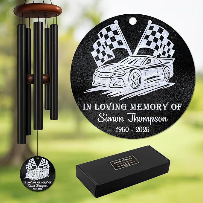 Personalized Racing Car Memorial Wind Chime – Custom “in Loving Memory” Engraved Car & Checkered Flag Design – Outdoor Sympathy Gift for Loss of Loved One – Racing Fan Remembrance Windchime