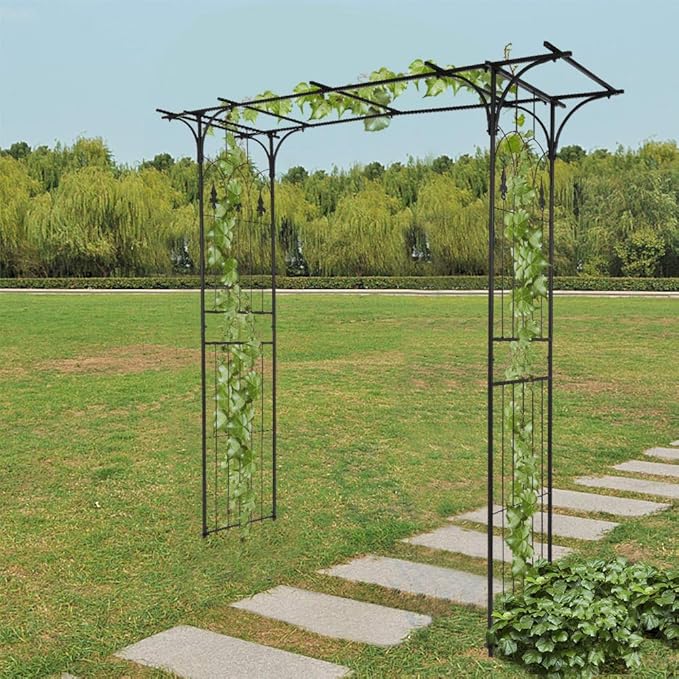 7FT Metal Garden Arch Trellis, Heavy Duty Metal Garden Arbor with Stakes for Climbing Plants Outdoor Patio, Stable Trellis Arch for Wedding Ceremony Party, 81" L x 16" W x 82" H, Black, 13mm