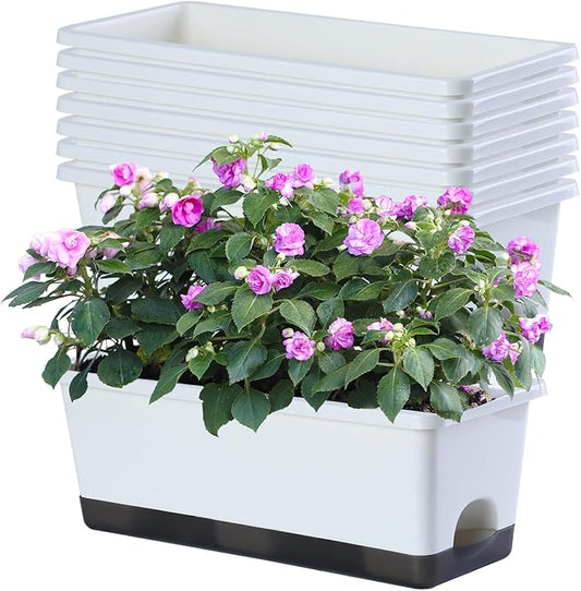 Window Box Planter 8 Pcs, 17 Inches Rectangle Flower Pots with Drainage Holes and Trays, Vegetable Planters for Windowsill Patio Garden Balcony Home Porch Yard Indoor Outdoor (White)