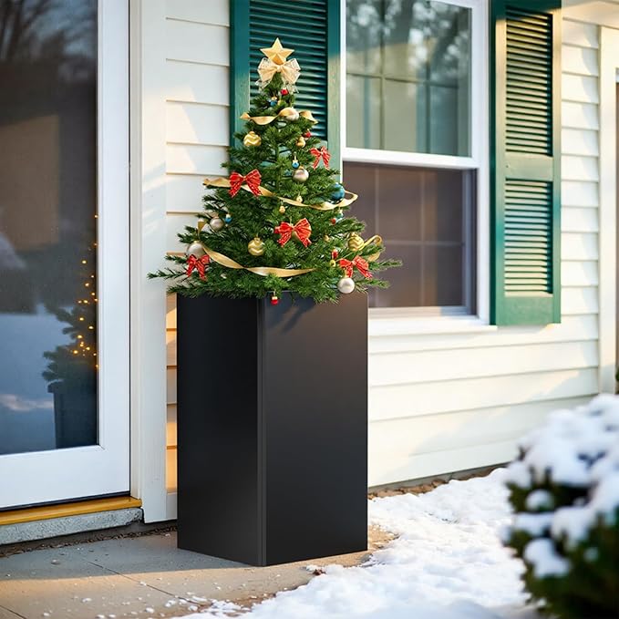 24" Tall Planter for Outdoor Plants, Modern Large Outdoor Galvanized Steel Flower Pots, Front Porch Decor, Garden Pots, Black Planters for Indoor/Outdoor, Patio, Balcony