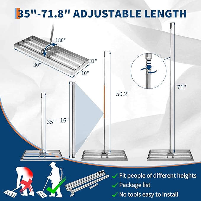 Lawn Leveling Rake 30 Inch, Heavy Duty Yard Leveler Tool with Adjustable Handle (35"-71"), Ground Leveler for Soil, Grass, Lawn and Garden Leveling