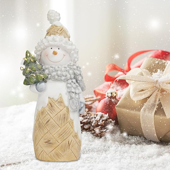 Newman House Studio Snowman Christmas Decorations Christmas-Tree Lighted - Snowmans Figurines Ornaments with LED Lights Merry Resin Holiday Light Up Snowman Indoor Decor 3.5 * 2.25 * 8.5 in