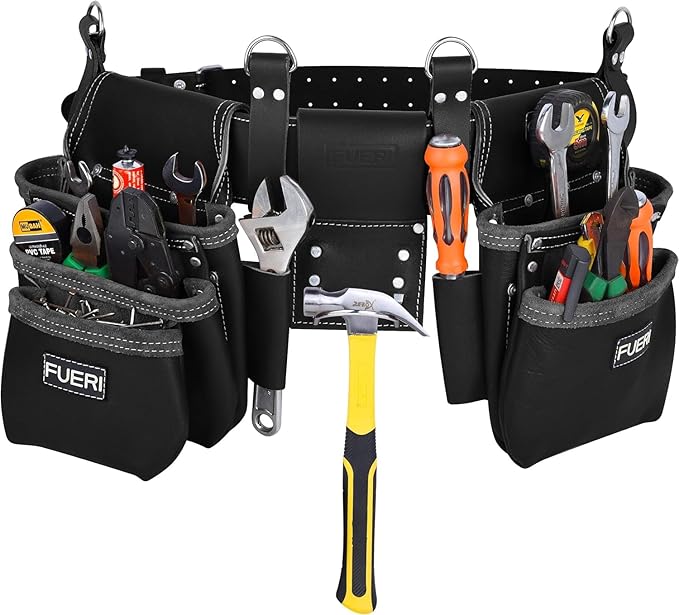 FUERI Leather Tool Belt With Suspenders Heavy Duty Bags Tool Pouches For Men Carpenters Construction Electricians Framers Womenn Workers