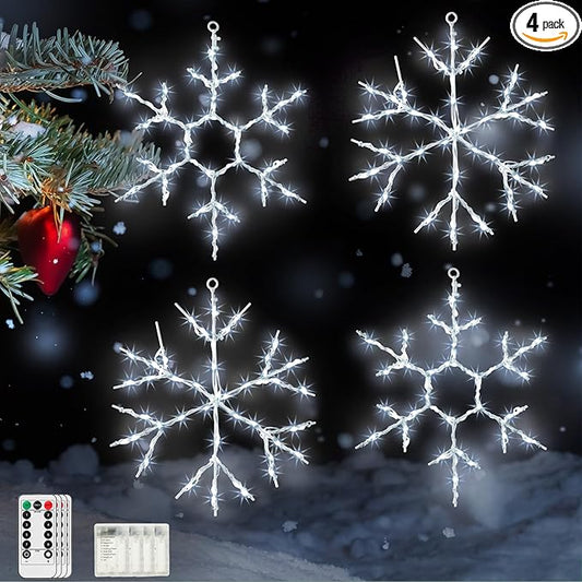 Tuanse 4 Pcs Christmas Silhouette Window Lights Christmas Snowflake Lights with Remote Control LED Lighted Snowflake Decorations Xmas for Window Wall (White)