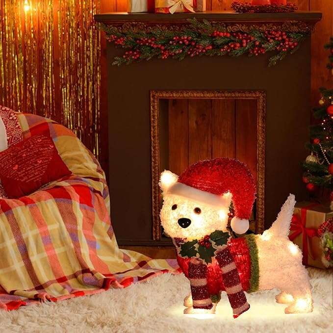 Christmas Outdoor Decoration Lighted Dog 14" Xmas 25 LED Warm Lights 3D Decor Indoor, Battery Powered Outdoor Holiday Decorations for Home, Yard, Garden