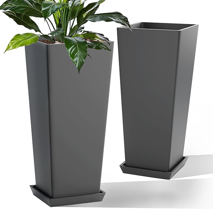 Set of 2 Tall Planters with Drainage Tray, 24 Inch Large Flower Pots for Indoor Outdoor Plants Mordern Planter Weather-Resistant for Patio, Front Door Decor, Garden (Gray)