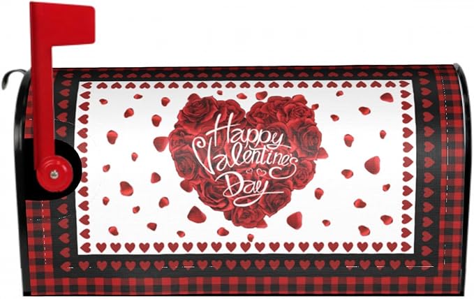 Valentines Day Love Heart Mailbox Cover - Magnetic, Black Red, Standard Size 18" X 21" for Outside Garden Decorations