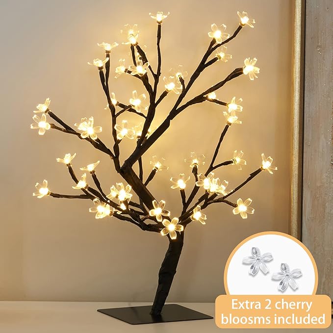 PEIDUO 17.5 Inch Lighted Cherry Blossom Tree, 48 Warm White Lights Plug in Adapter, Light up Bonsai Tree for Christmas Indoor Home Bedroom Living Room, Tabletop Decor Night Light Artificial Tree