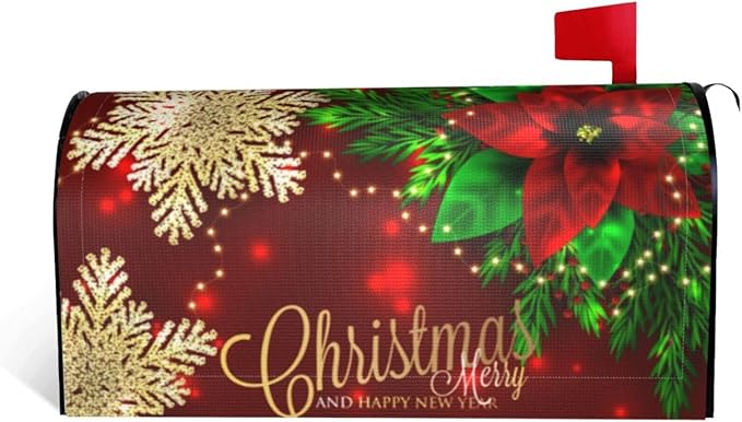 Christmas Mailbox Covers Poinsettia Gold Snowflake Xmas Magnetic Letter Post Box Cover Standard Size 25.5 x 21 Inch Garden Yard Home New Year Holiday Decorative