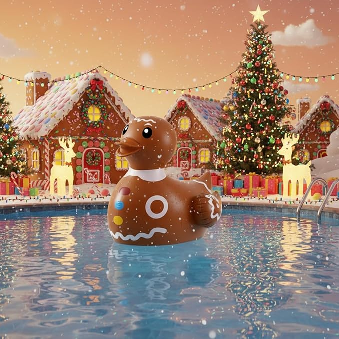 Hungdao 1 Pcs 4 Feet PVC Christmas Giant Inflatable Gingerbread Duck Huge Rubber Large Blow up Duck Christmas Pool Floats for Xmas Holiday Indoor Outdoor Pool Decorations