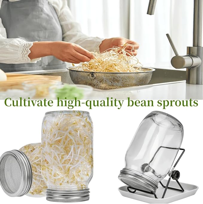 Lulonpon 2pcs Sprouts Growing Jar Kit, Wide Mouth Quart Mason Jars with Stainless Steel Screen Sprout Lids, 86mm,1000ml,Stand,Tray and Canning Brush,Seed Sprouter Set for Broccoli, Alfalfa, Mung Bean