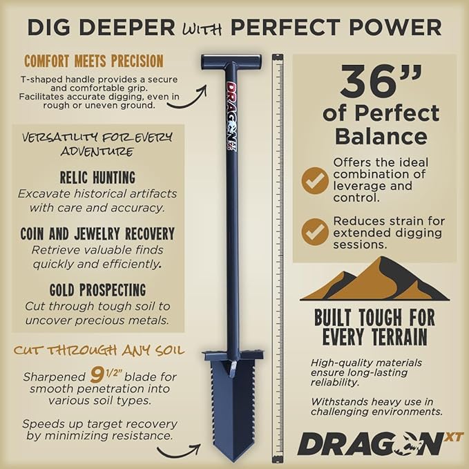 36" Shovel for Metal Detecting, Gardening, Cutting Clean Plugs for Easy Treasure Recovery