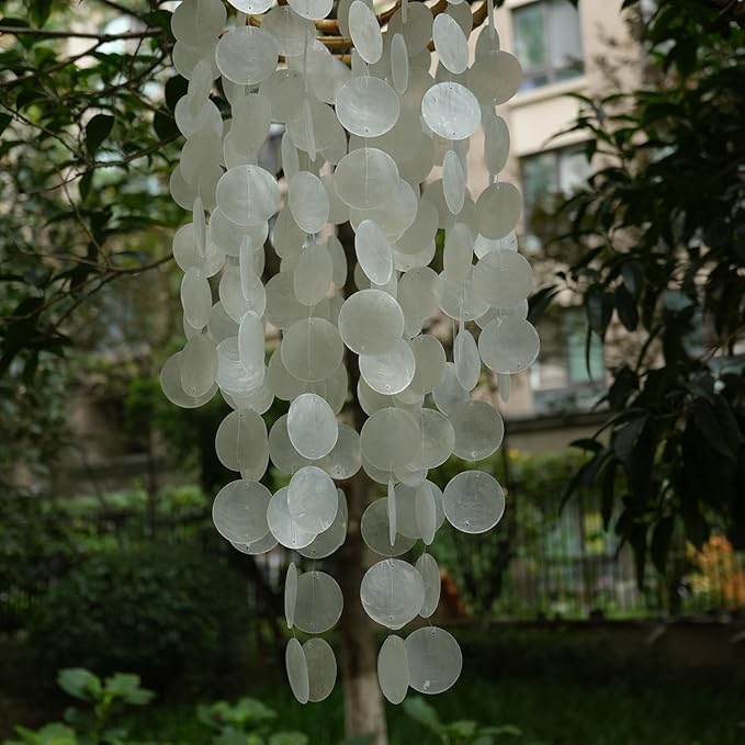 Capiz Shell Large Wind Chime for Outside Sea Glass Wind Chime Ocean/Beach Themed Chime Gift for Women Mother’s Day Decoration-White，32"*11"