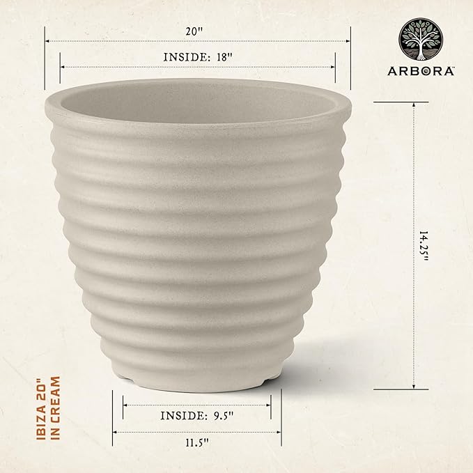 ARBORA 20" Ibiza Polyresin Indoor and Outdoor Planter with Classic Cream Finish - Durable, Weatherproof, Lightweight, Large Plant Pot for Patio, Garden, Deck, Entryway