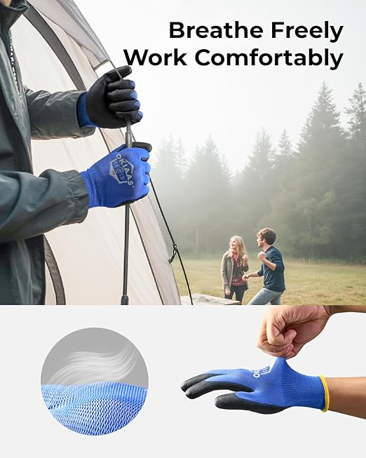 OKIAAS Work Gloves for Men, Ultra Thin and Lightweight with Grip, Bulk Case of 60 Pairs Construction Gloves with Polyurethane Coating, Safety Gloves for Light Duty Work (Black, Small)