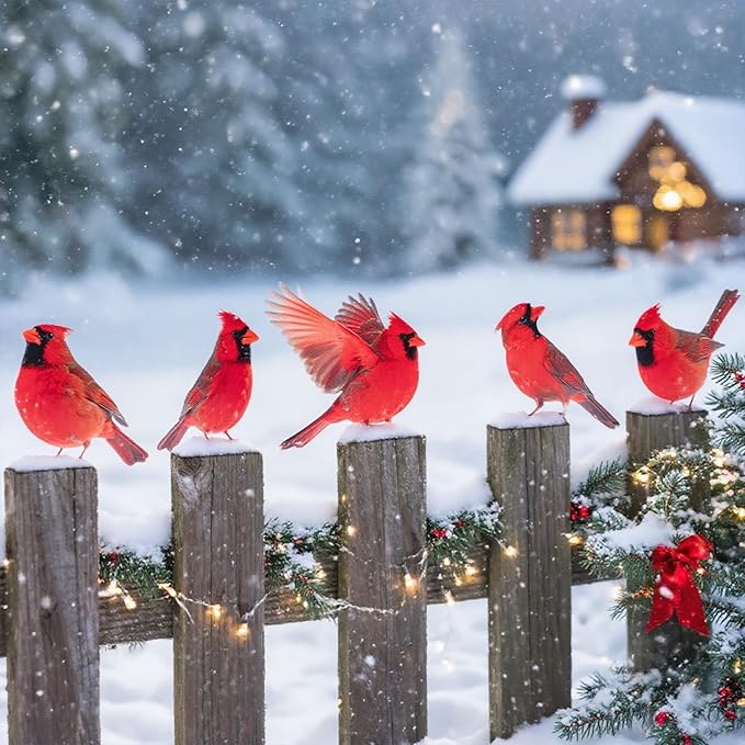 HUYIENO 5PCS Vivid Metal Birds Fence Decor Color Painted Outdoor Garden Natural Bird 2D Sculptures for Outdoor Fences, Patio, Garden and Bird Lovers (Cardinal)