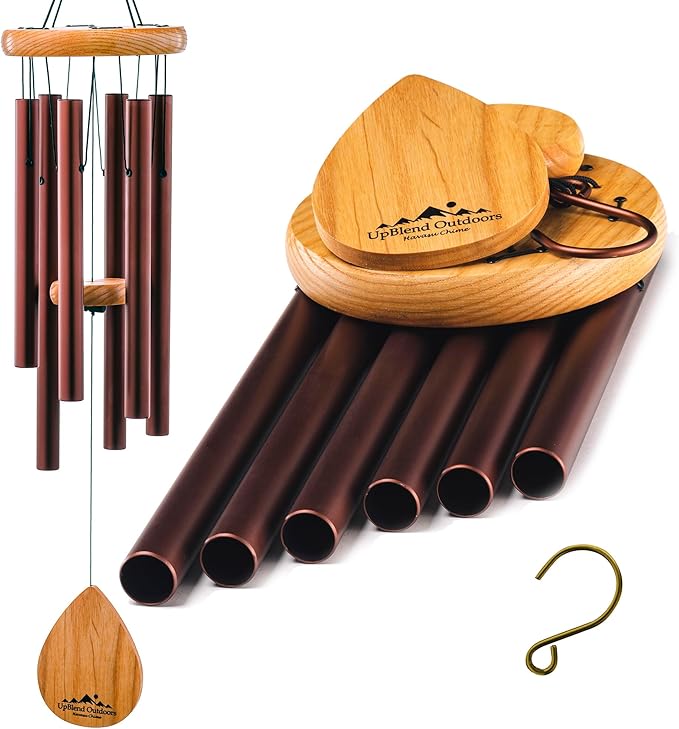 UpBlend Wind Chimes for Outside Gift – Deep Tone Wind Chime with Decorative Stone – Porch & Patio Decor, Elegant Outdoor Ornament, Garden Gifts. 28” Brown.