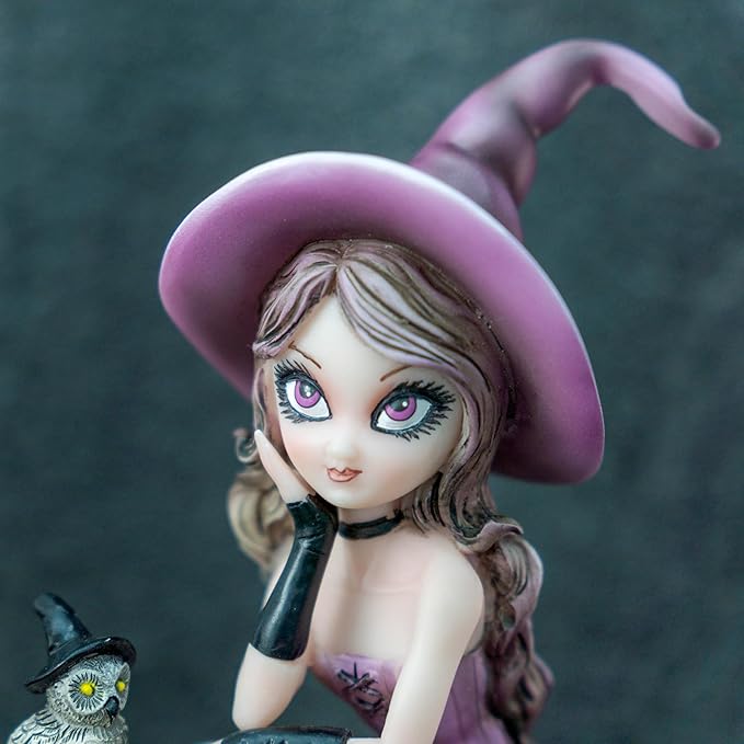 Mystical Purple Witch Resin Statue with Owl & Book Halloween Décor, Witchcraft Collectible, Unique Home & Office Decoration