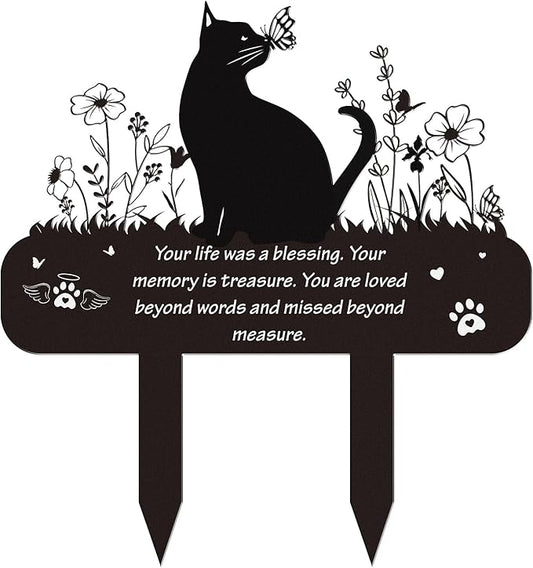 Pet Cat Memorial Grave Markers - Rngmsi Flowers Butterfly Cat Metal Garden Stakes Grave Decorations for Cemetery Pussy Memorial Stones Plaques for Outdoors