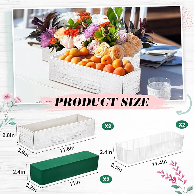 Dandat 2 Set Wood Boxes for Centerpieces 12x4 Inch Rectangle Wooden Planter Box Rustic Wooden Planters with Removable Plastic Liner Floral Foam Blocks for Christmas Wedding Home Garden Decor