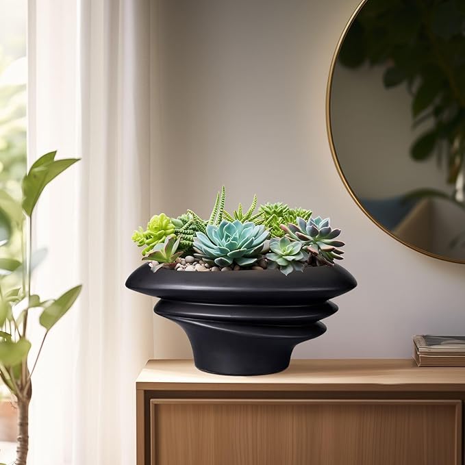 SQOWL Bonsai Pots - 12 Inch Ceramic Bonsai Planter Succulent Pot for Indoor Outdoor Plants Decorative Plant Pot with Drainage Hole Large Flower Pot for Tree Cactus Black
