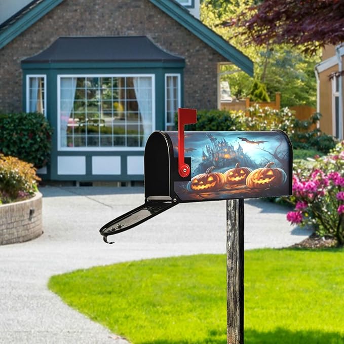 ALAZA Halloween Pumpkins Castle Flying Bat Magnetic Mailbox Cover MailWraps Garden Yard Home Decor for Outside Oversized-25.5" x20.8"