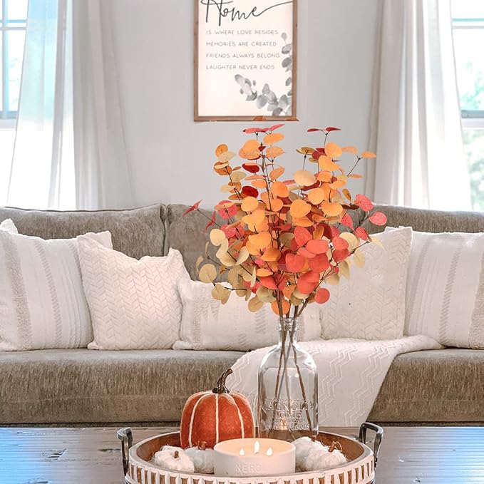 Beferr Fall Eucalyptus Stems Decor, 5Pcs 24" Faux Eucalyptus Branches Artificial Autumn Plants Decorations Fall Floral Arrangements Farmhouse Home Table Centerpiece